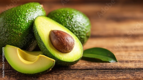 Fresh Ripe Avocados Sliced on Rustic Wooden Table Background Healthy Food Concept
