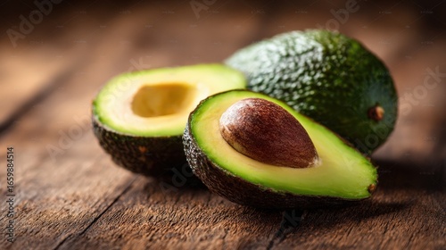 Ripe Avocados on Rustic Wooden Table Close up of Halved and Whole Avocados Showing Vibrant Green Flesh and a Large Seed