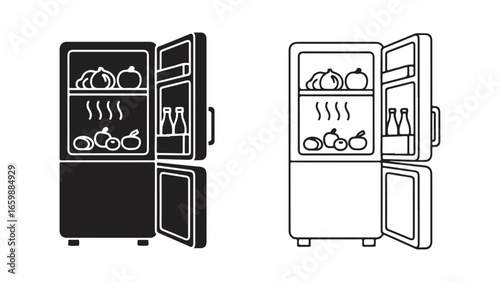 Open refrigerator with food and drinks