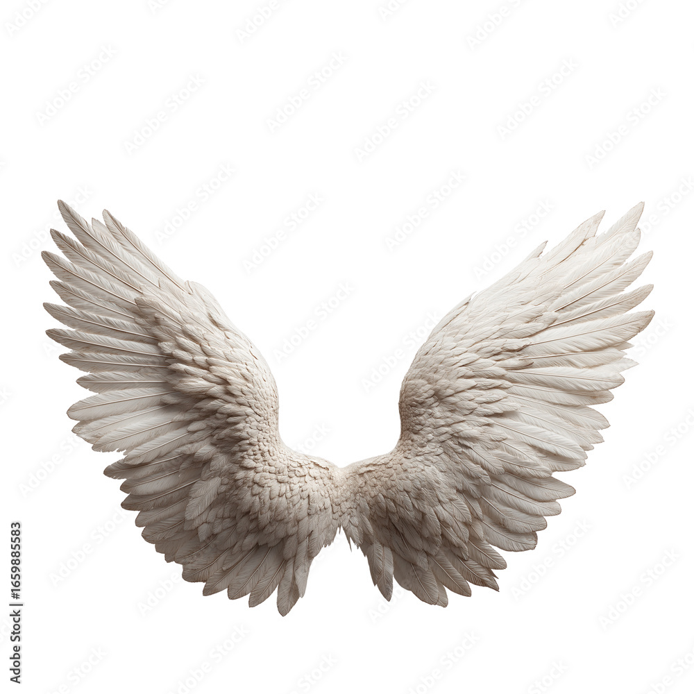 Obraz premium Two white angel wings isolated on a transparent background,