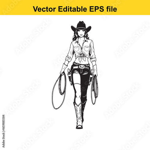 Cowgirl with lasso and revolver isolated on white background