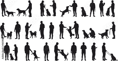 Silhouette vector collection of people and dogs in training, walking, sitting, and playful poses, ideal for pet care, obedience, and design projects