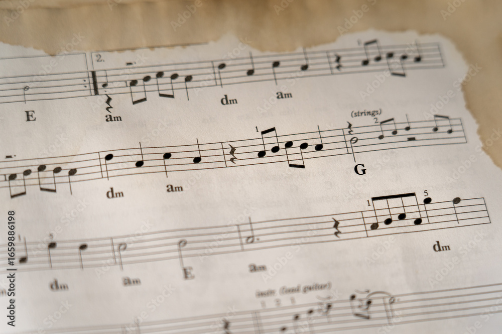 Fototapeta premium Close-up of vintage sheet music with faded paper and musical notes, symbolizing heritage, classical art, and the timeless beauty of old objects in music history
