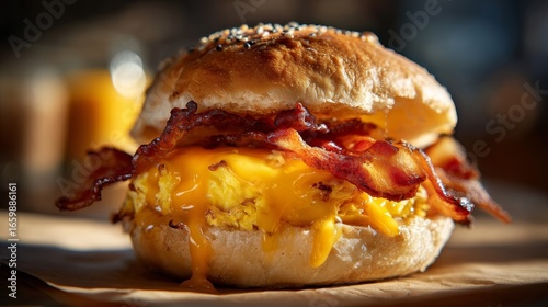 Close-Up of Bacon, Egg, and Cheese Breakfast Burger on Sesame Bun in Warm Light
