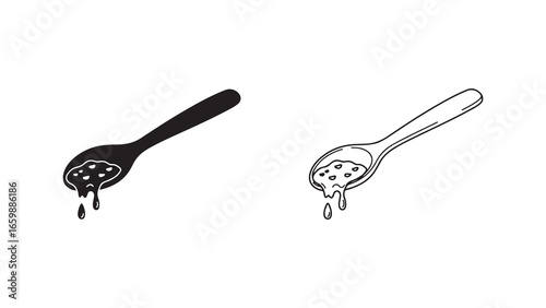 Spoon with dripping food, outline and filled style