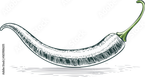 Hand-drawn illustration of a green chili pepper vegetable