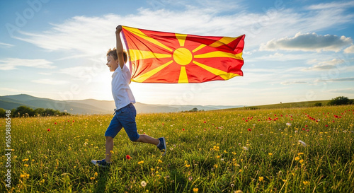 Joyful child running through a field holding North Macedonian flag under summer sun