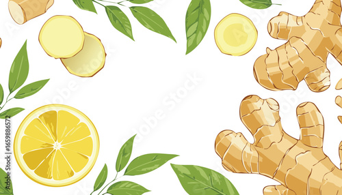Ginger and Lemon Border with Leaves slice fruit