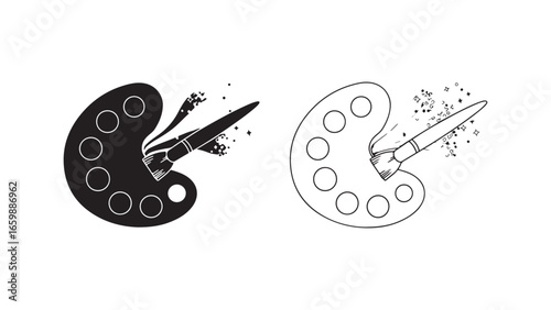 Palette and paintbrush with scattered paint drops