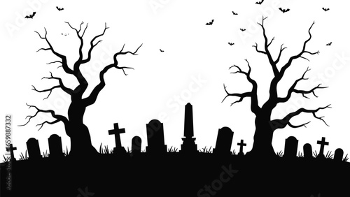 Spooky graveyard scene with haunted trees, bats, and tombstones, perfect for Halloween party posters, horror design elements, or eerie background art