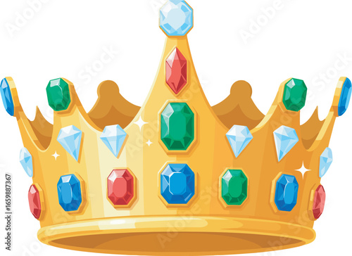 A vibrant, cartoon illustration of a golden crown adorned with colorful jewels.