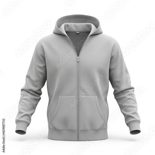 A front view of a plain gray hoodie with a zipper and pockets, isolated on white.