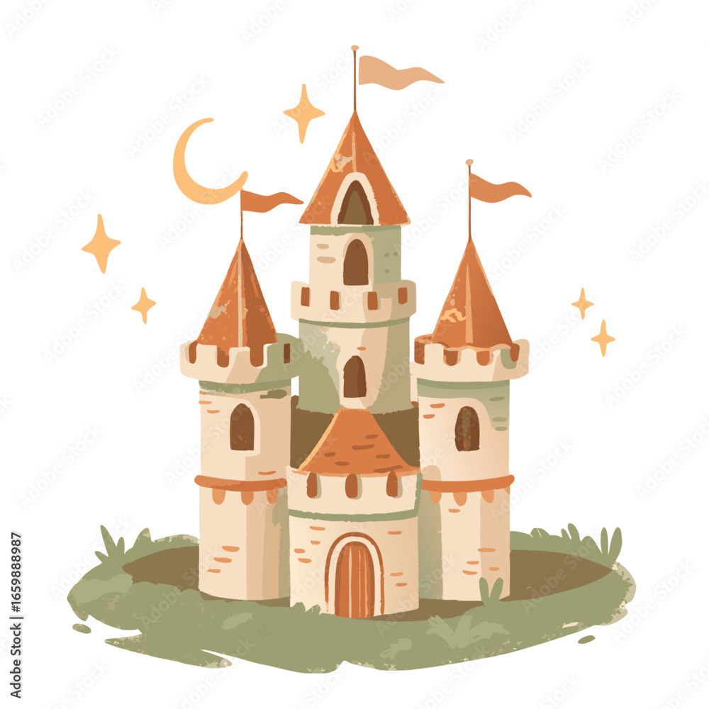 Fototapeta premium Whimsical fairytale castle with stars and moon, charming children’s fantasy illustration