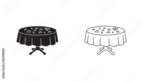 Table with tablecloth and food, outline and filled versions