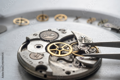 Pocket watch mechanism. Mechanical steel clockwork with cogwheel and screw