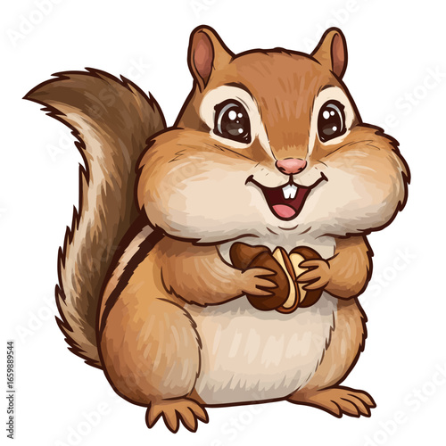 Cartoon chipmunk holding nuts, cheerful expression, cute illustration.