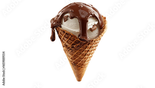 Vanilla ice cream in cone, drizzled with melted chocolate