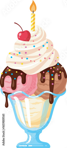 Cartoon illustration of an ice cream sundae with toppings, a cherry, and a lit candle.