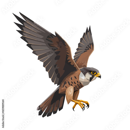 A stylized illustration of a peregrine falcon in flight against a white background.