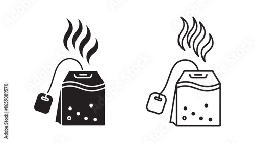 Tea bag icon with steam, black and white