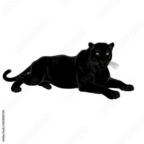 A sleek black panther rests gracefully, gazing forward with intense yellow eyes.
