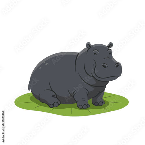 A cartoon hippopotamus rests peacefully on a large green lily pad.