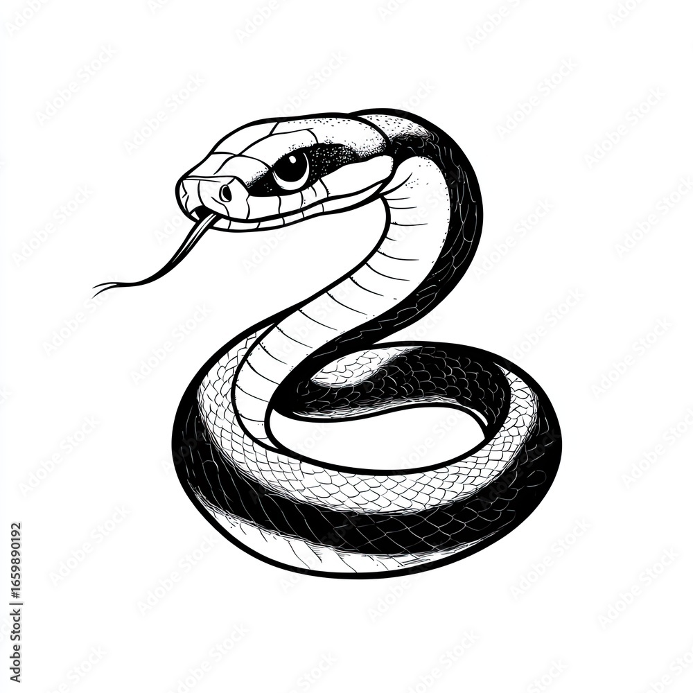 Fototapeta premium Vector line art of a simple snake, with a black outline on a white background, in a simple vector style