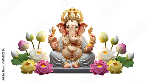 Lord Ganesha statue surrounded by lotus flowers, vibrant colors, spiritual representation, Ganapati bappa, indian festial