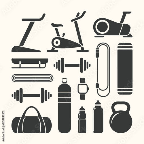 Black silhouette icons of construction and bathroom tools including a hammer, saw, and comb in a vector set