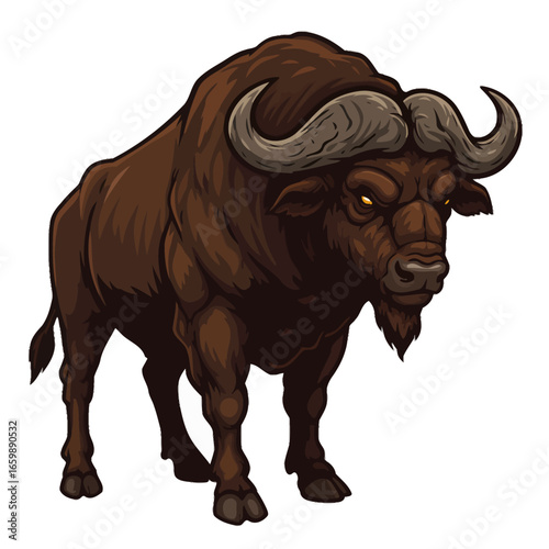 Powerful brown Cape buffalo illustration, large horns, intense gaze, detailed fur.