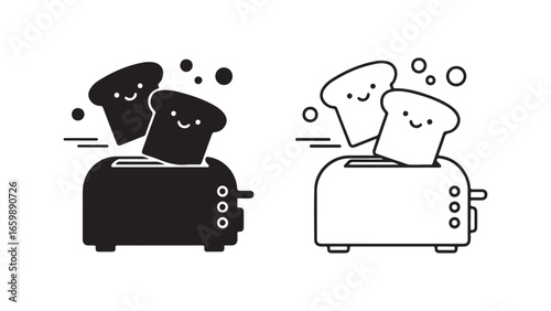 Toaster with bread slices, black and white outline