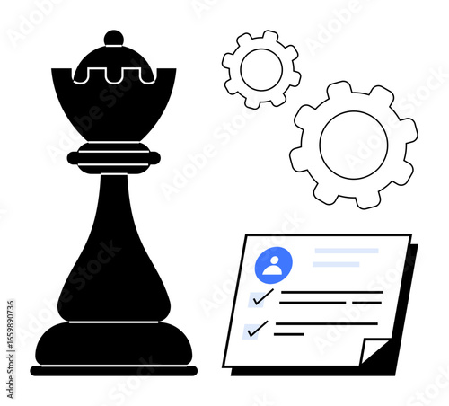 Large chess piece, two gears, and a document with a profile icon and checkmarks. Ideal for strategy, leadership, planning, decision-making, organization, career simple landing page