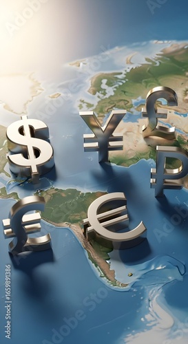 3d render illustration of five currency symbols including US dollar ($), Japanese yen (¥), British pound (£), Euro (€), and Russian ruble (₽) arranged on a world map background.