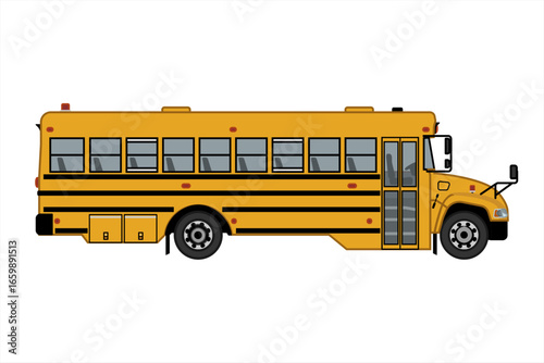 Yellow classic school bus. Side view. School bus  for kids books. Vector flat illustration  school bus isolated on white background. Back to school.