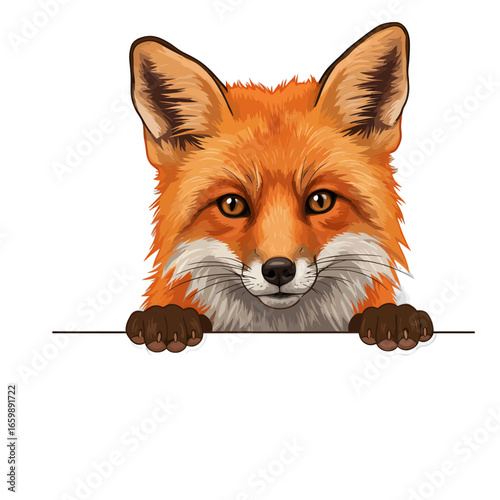 Close-up illustration of a red fox peeking over a white banner.
