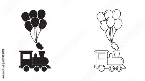 Train with balloons flying, black and white outline