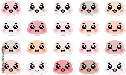 Collection of cute kawaii animal faces with big eyes and blush isolated on transparent background