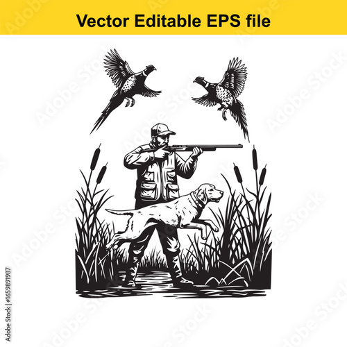 Hunter with dog and pheasant bird hunting with gun in nature, isolated on white background