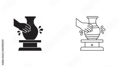 Pottery making hands on wheel outline icons