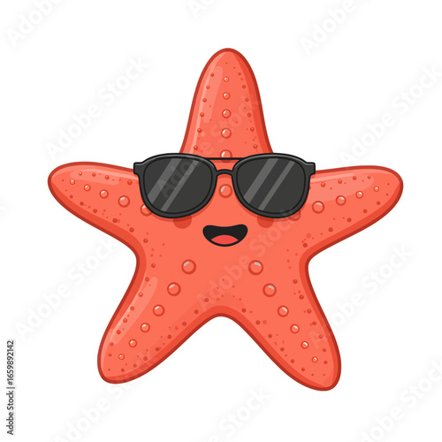 Cute cartoon starfish wearing sunglasses, cheerful expression.