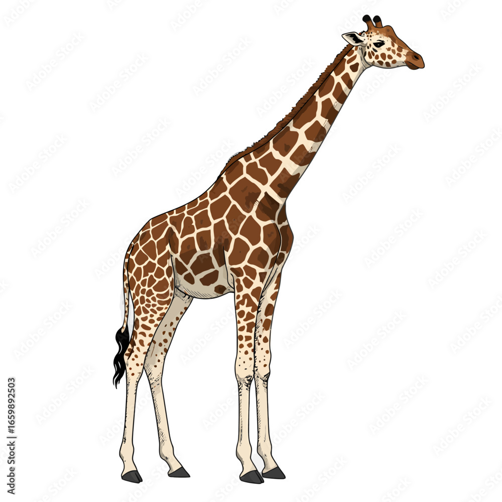Naklejka premium A full body illustration of a giraffe standing tall, showcasing its distinctive brown and cream patterned coat.