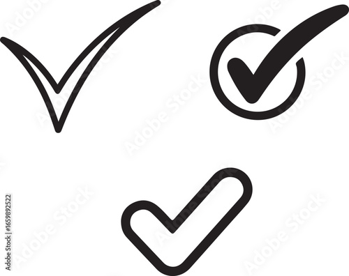 Check Mark Outline Icons Set Minimal Tick, Bold Tick, and Rounded Corner Variations in Vector Style