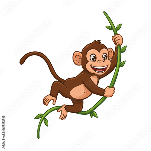 Cartoon monkey happily swinging from a vine in a jungle setting.