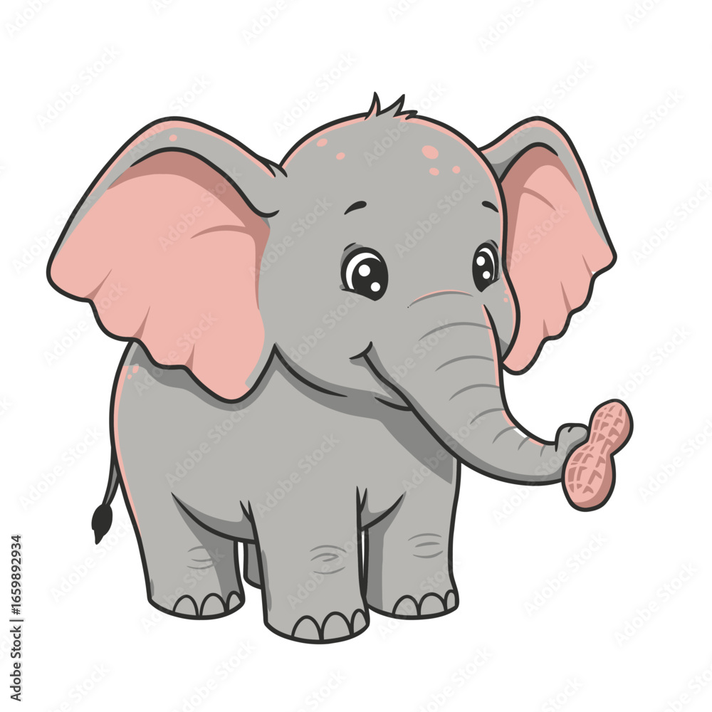 Fototapeta premium A charming cartoon elephant holding a peanut, smiling with a friendly expression.