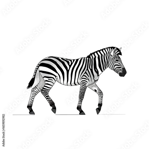 A zebra walking, depicted in black and white stripes, moving across a white background.