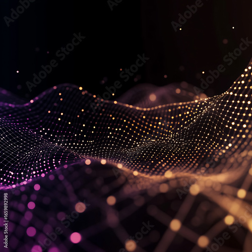 Abstract digital wave design with glowing particles. A mesmerizing display of light blue and gold particles forming a flowing wave shape against a dark background
