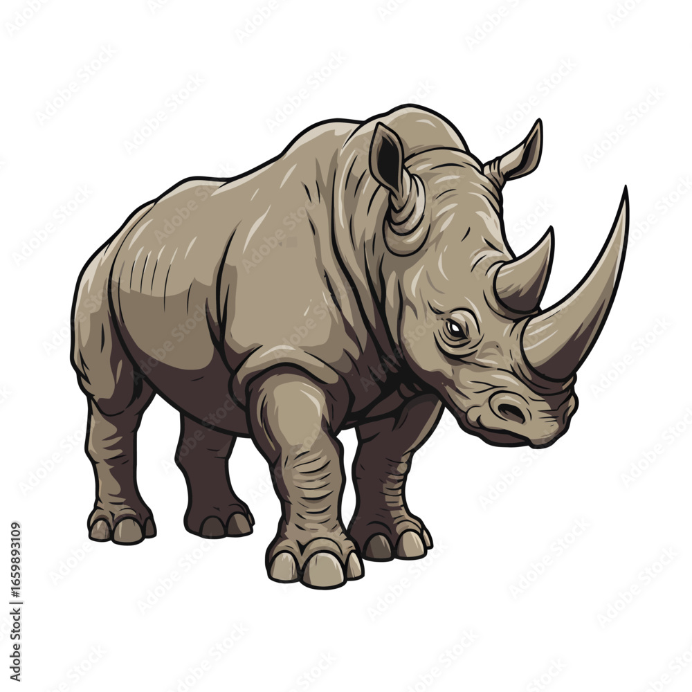 Obraz premium Illustration of a rhinoceros standing, depicted in a cartoon style with visible outlines and a neutral color palette.