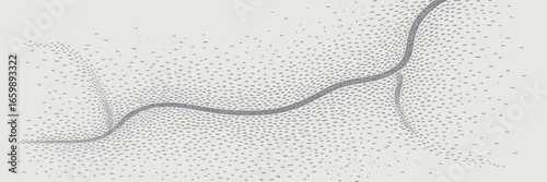 A drawing depicting a winding road surrounded by a multitude of small marks scattered across the surface