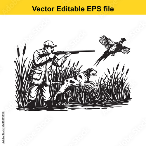 Hunter with dog and pheasant bird, hunting sport in nature, vector illustration