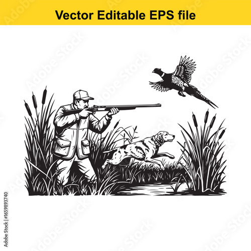 Hunter with dog and pheasant bird, hunting sport in nature, vector illustration